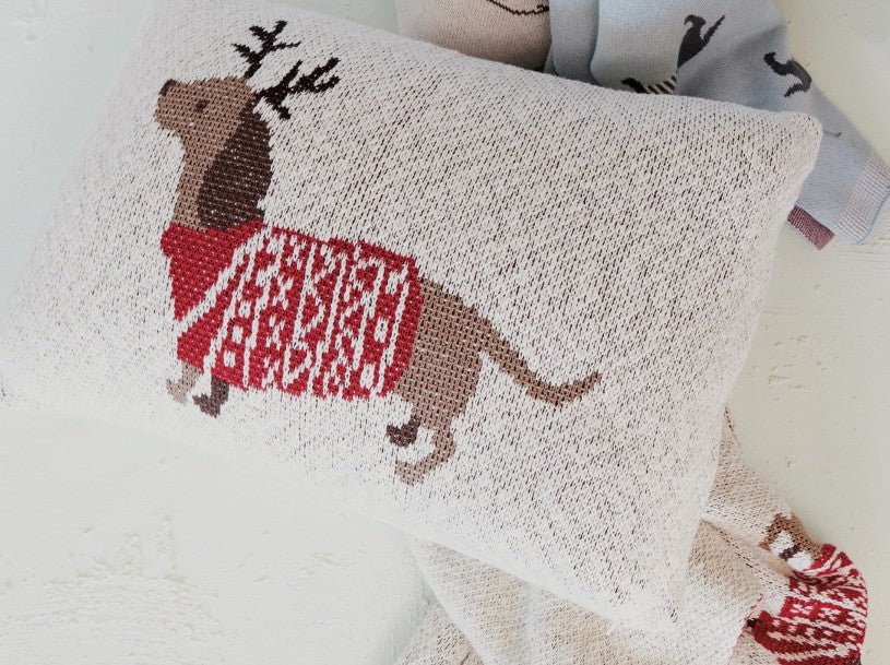 Pillow Holiday Lumbar Daschund in Antlers & Sweater 20" x 14"
