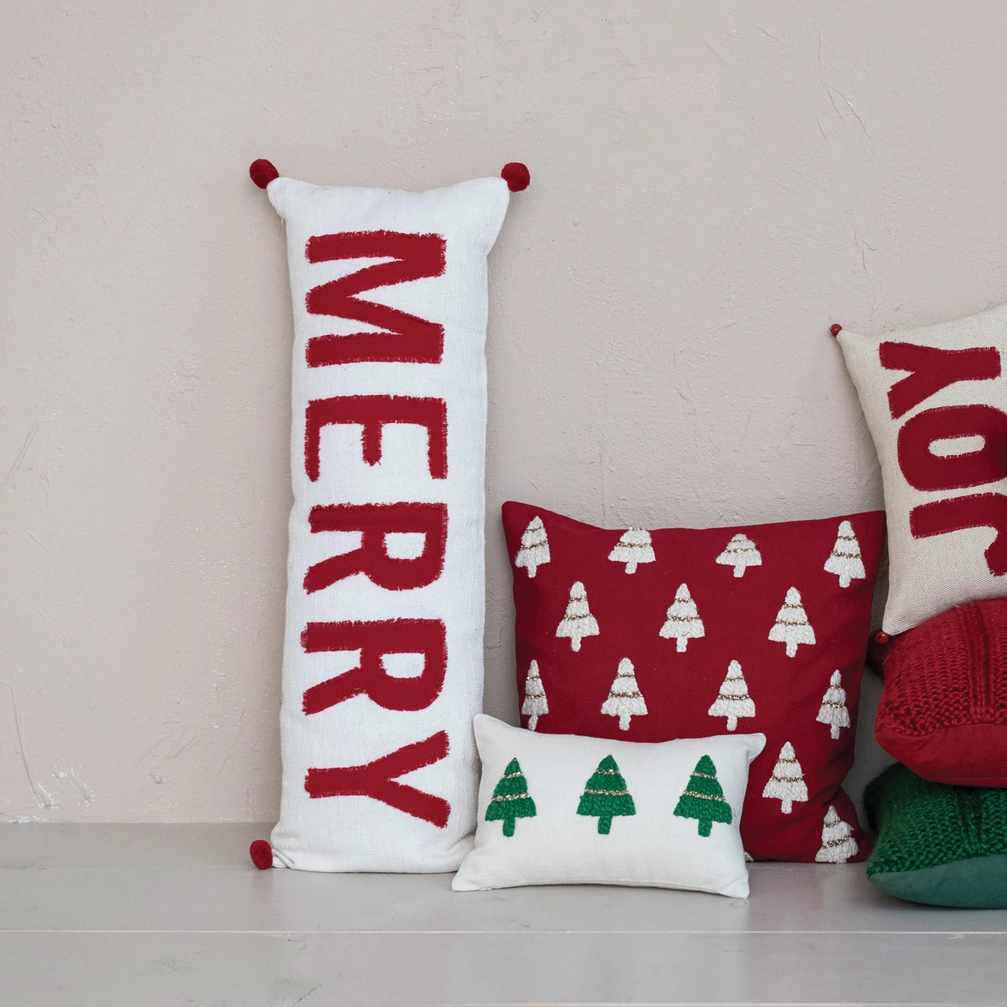 Pillow Lumbar Holiday Woven Cotton w/ Appliqued Joy with Jingle Bells