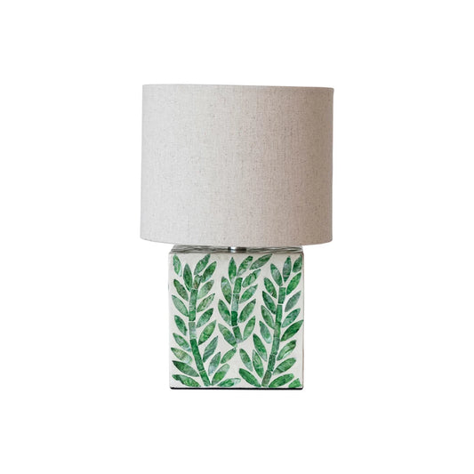 Lamp Tabletop MDF & Mother of Pearl Botanical Pattern Linen Shade