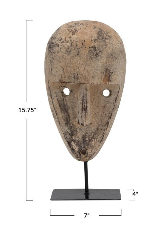 Decor Mask Wood Hand Carved On Metal Stand 15.75" High