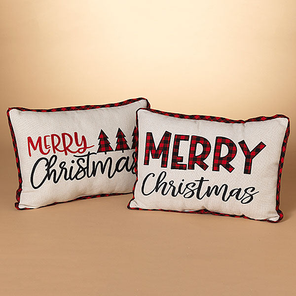 Pillow Holiday Embroidered Buffalo Check "Merry Christmas" 20" Long (Sold Individually)