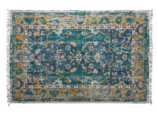 Rug Dhurrie Woven Distressed Printed Cotton With Fringe Blue, Green & Gold 5' x 8'