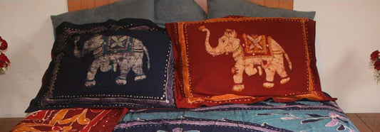 Pillow Sham White Elephant Batik Reverses Blue To Rust