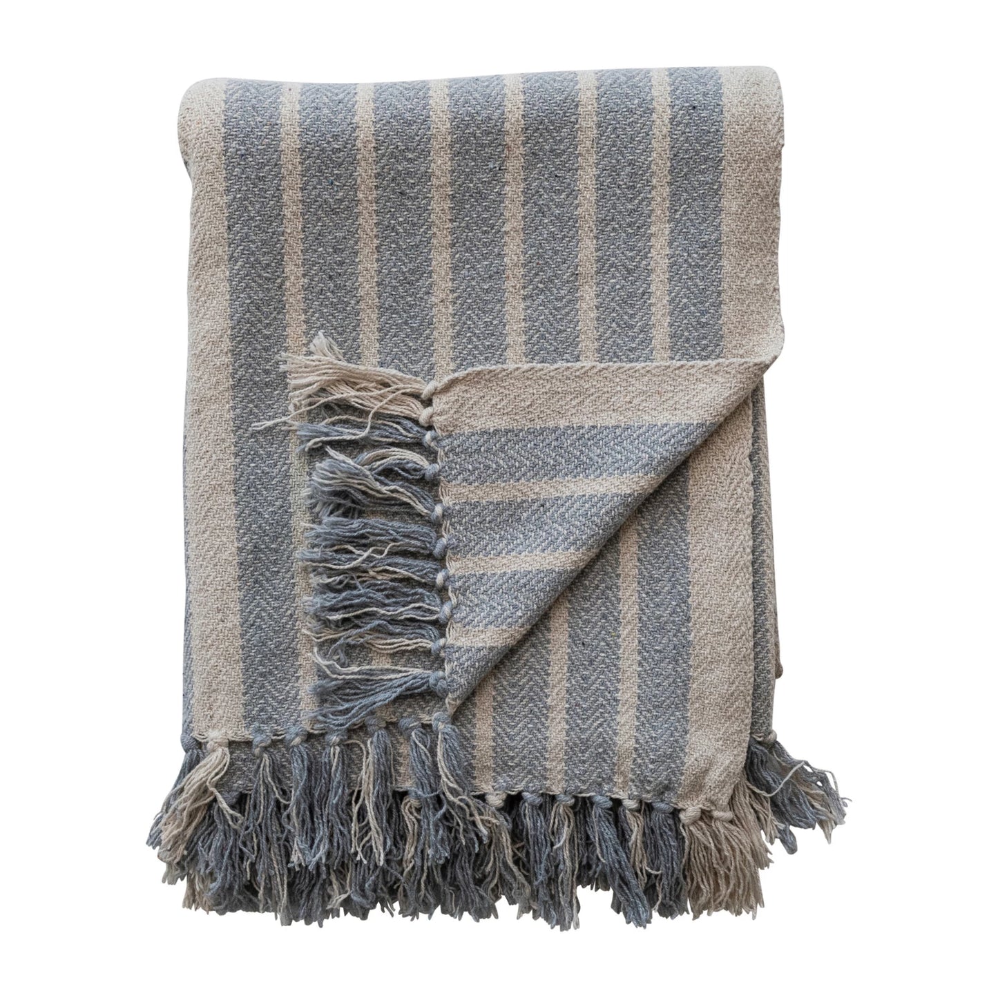 Blanket Throw Woven Recycled Cotton w/ Stripes Blue & Natural 60"L x 50"W