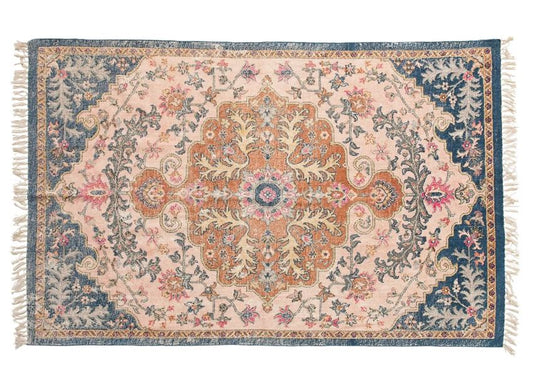 Rug Woven Cotton Distressed Print With Fringe Blue, Rust & Pink Multi Color 4' x 6'