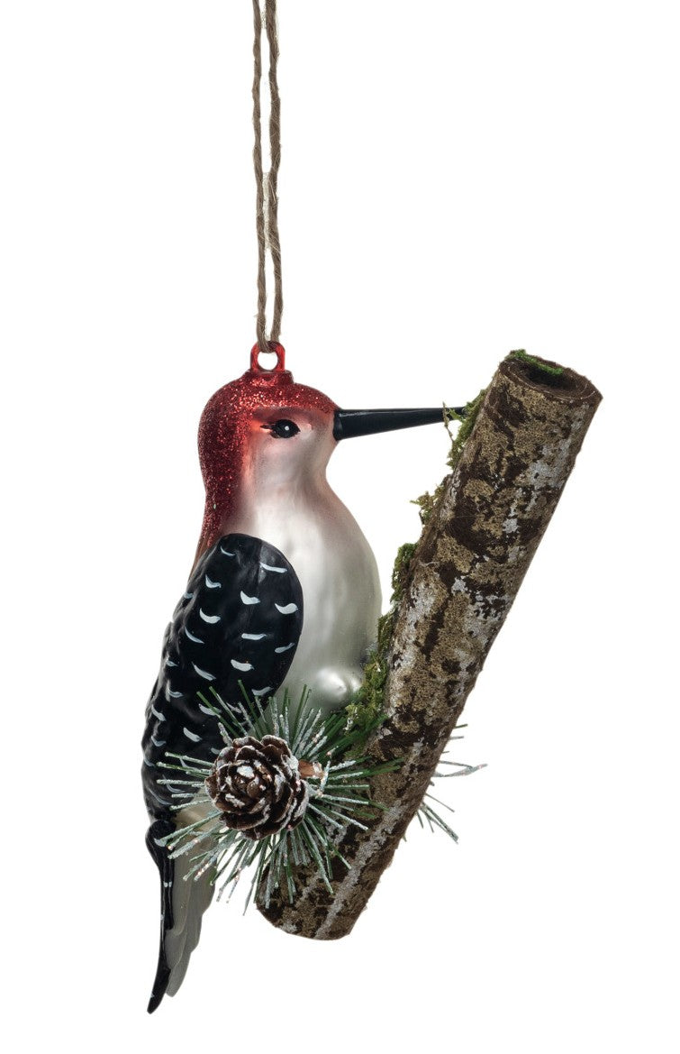 Ornament - Glass - Woodpecker on Branch - Black, Red & White - 4"h