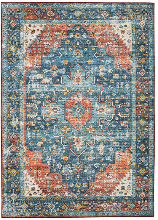 Washable Markum Teal and Rust Rug 5ft x 7ft