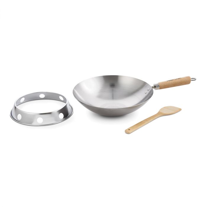 Wok - 12" Carbon Steel Round Bottom w/Bamboo Handle, 4 Piece Set (Stand, Wok, Spatula, & Cookbook)