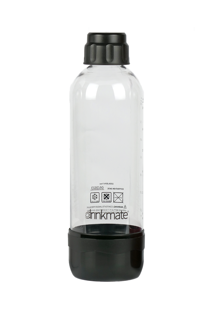 Clear water bottle with black lid and base on a white background