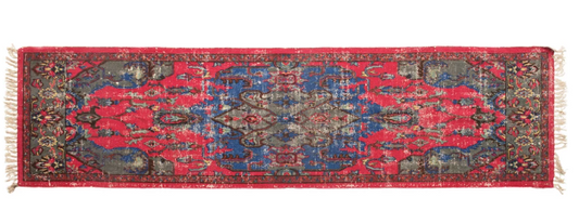 Rug Runner Woven Cotton Printed Distressed Reds & Blue Multi Color 2' x 8'