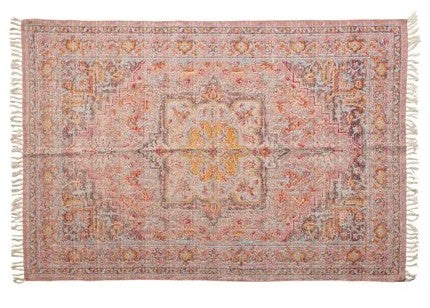 Rug Woven Cotton Distressed Print With Fringe Pink, Yellow & Red Multi Color 4' x 6'