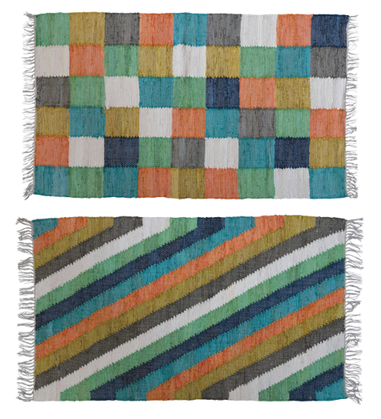 Rug Dhurrie Cotton Hand Woven With Fringe Multi Colored 2 Styles 3' x 5' (Sold Individually)