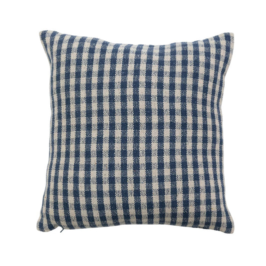 Pillow Gingham Woven Recycled Cotton Blend Blue 18" Square