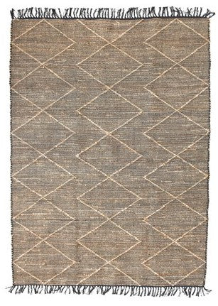 Rug Woven Cotton & Jute Rug w/ Diamond Pattern & Fringe Black & Natural 5' x 7'