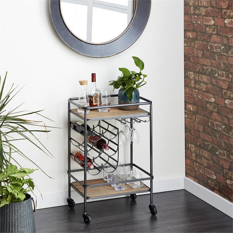 Brown Wood Rolling 2 Shelf Bar Cart