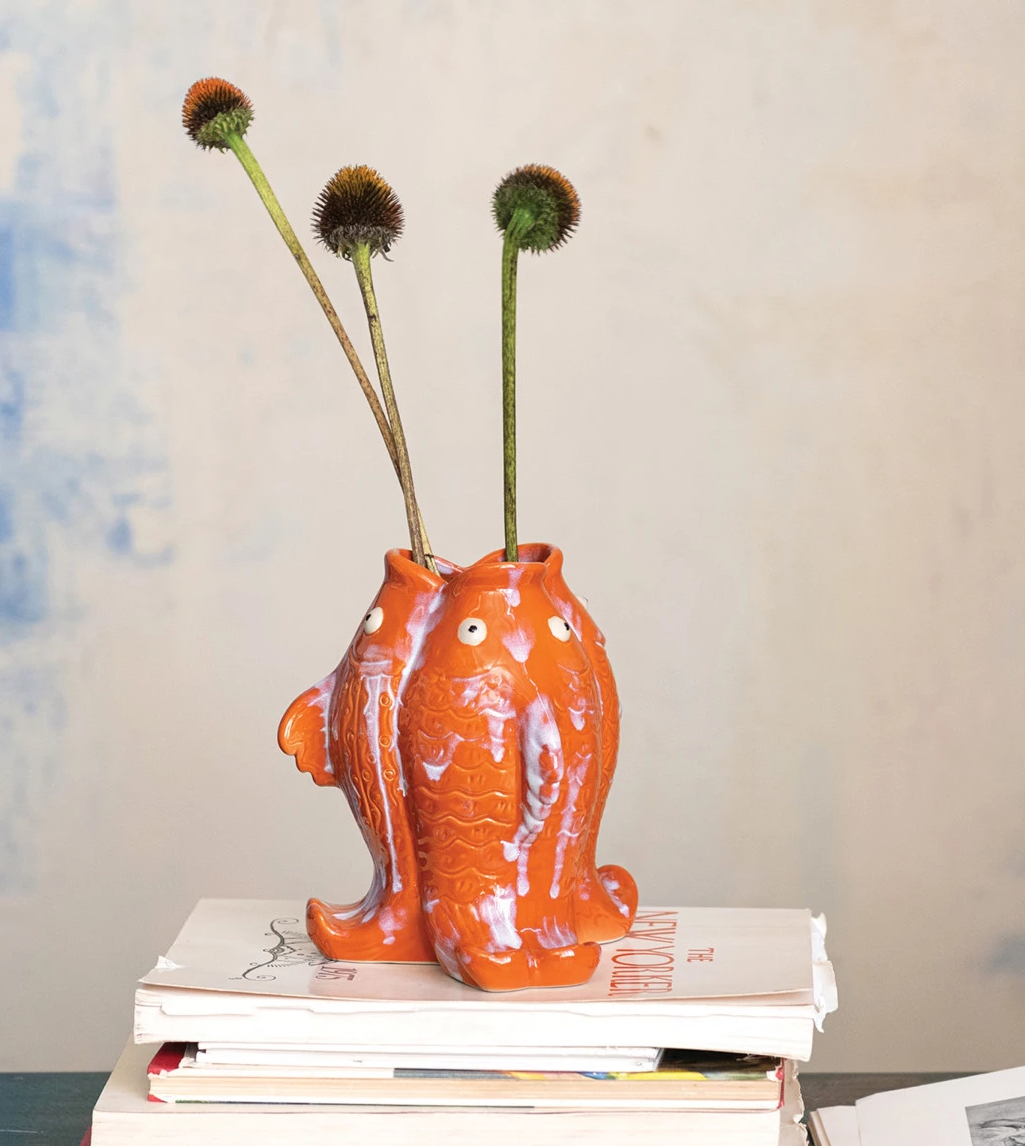 Vase Stoneware Koi Fish Orange 7.25"h