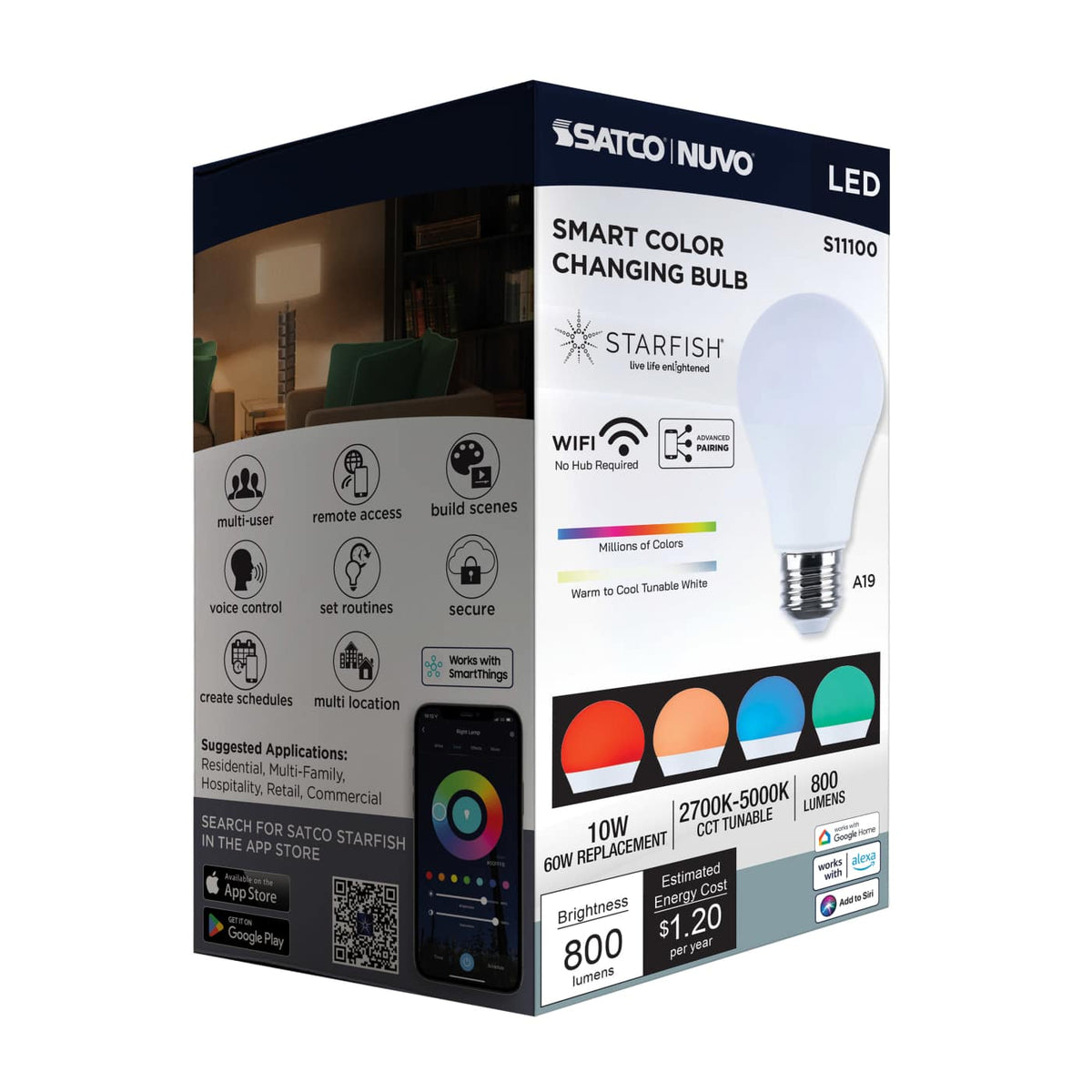 LED Light Bulb; 10 Watt; A19; 2700K-5000K RGB/Tunable White; Starfish; White; Medium Base; 120 Volt