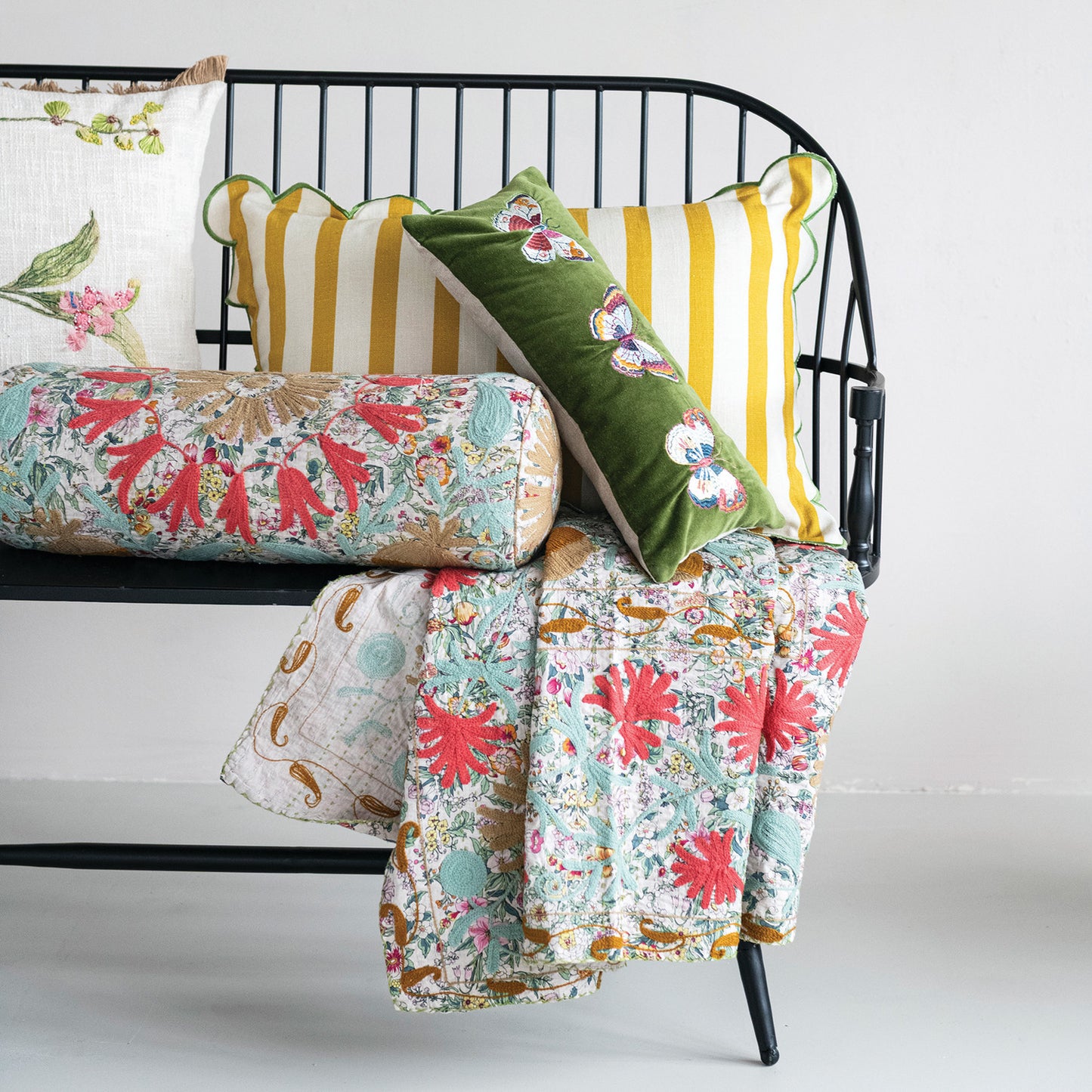 Throw Blanket Stonewashed Cotton Voile Suzani Pattern Kantha Stitch