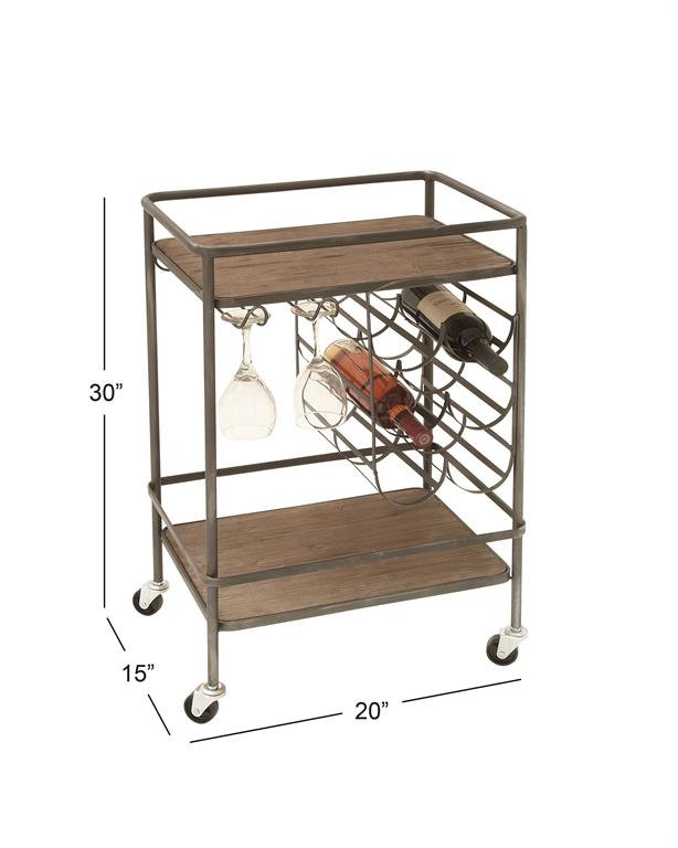 Brown Wood Rolling 2 Shelf Bar Cart