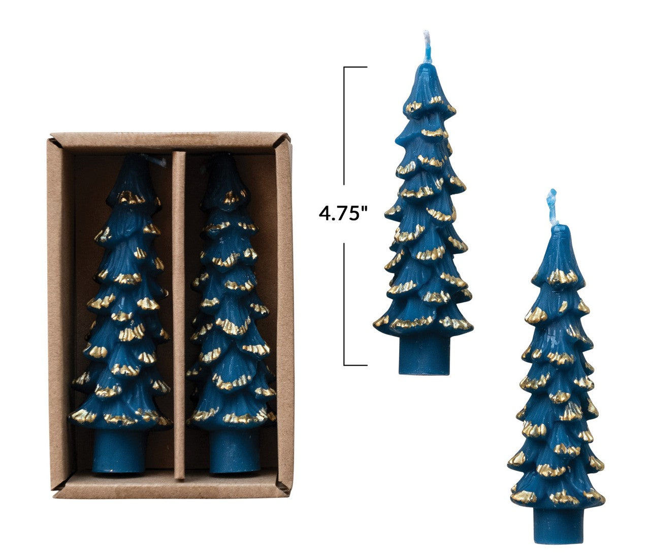 Holiday - Taper Candle - Tree Shaped - Set of 2 - Blue w/Gold Tips 4.75"h