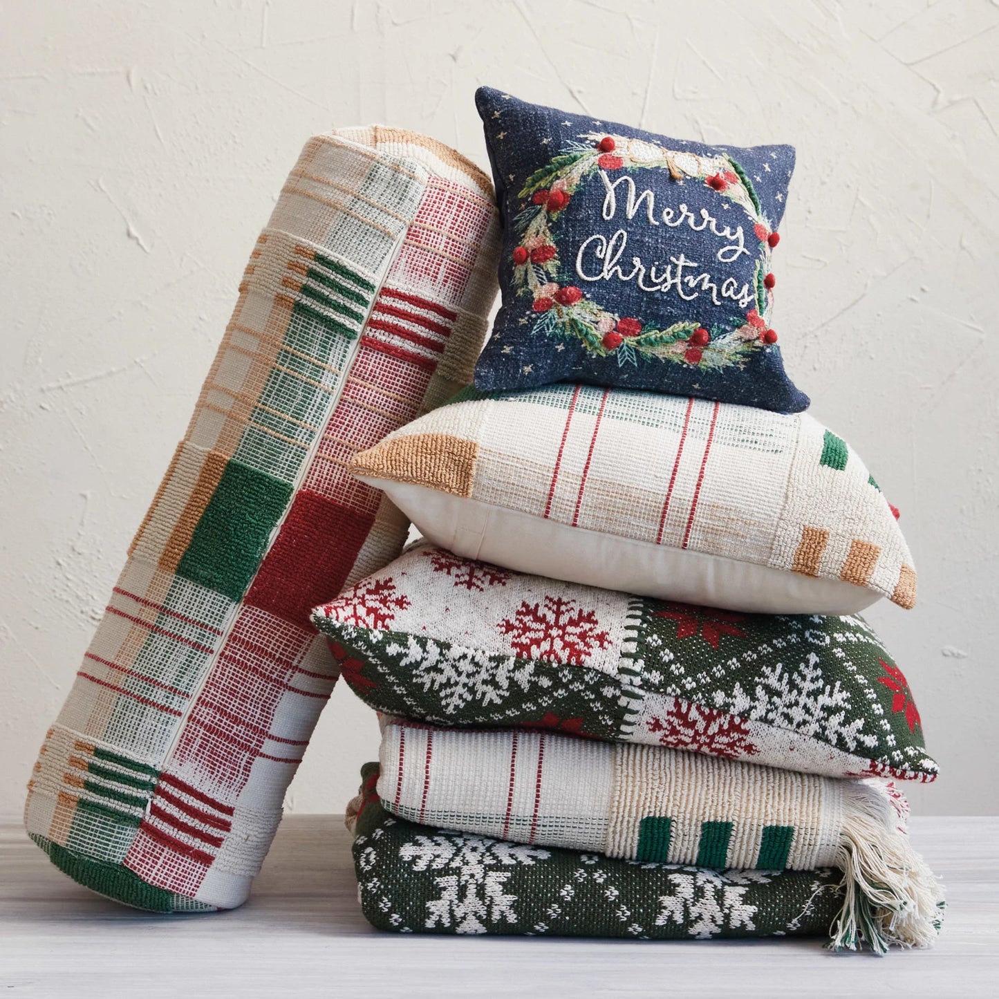 Pillow Holiday Wreath Embroidery "Merry Christmas" Beads & Pom Poms Printed Multi Color 12" Square