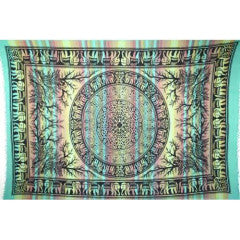 Tapestry Twin Size Overprint Madras Elephant Green