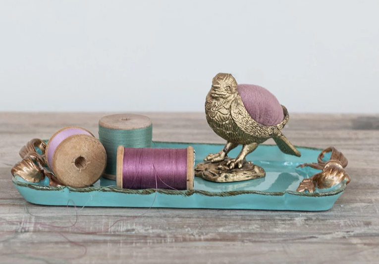 Decorative Metal Tray Aqua With Gold Bows 7.5"l x 4.5"w