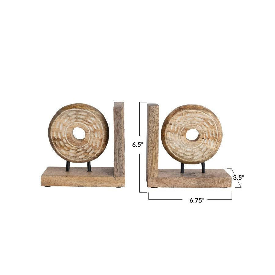 Bookends Mango Wood & Metal Circle on Stand Natural Sold As A Pair 6.5" High