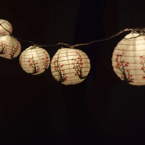 String Lights Paper Lanterns Set of 10 4" Round Cherry Blossom