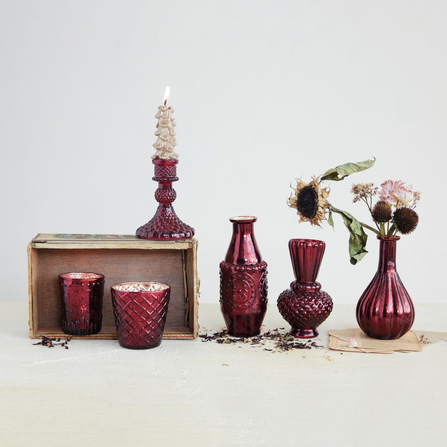 Vase Mercury Glass Burgundy 3 Shapes 5.25" - 6.25"h (Sold Individually)