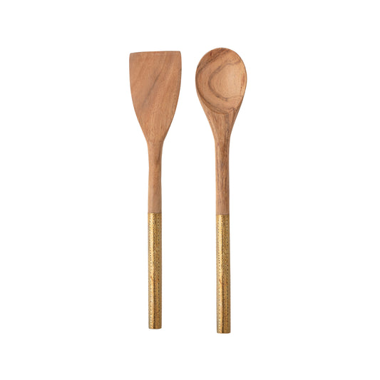 Cooking Utensil - Acacia Wood Utensils with Brass Clad Handles Two Styles Sold Individually