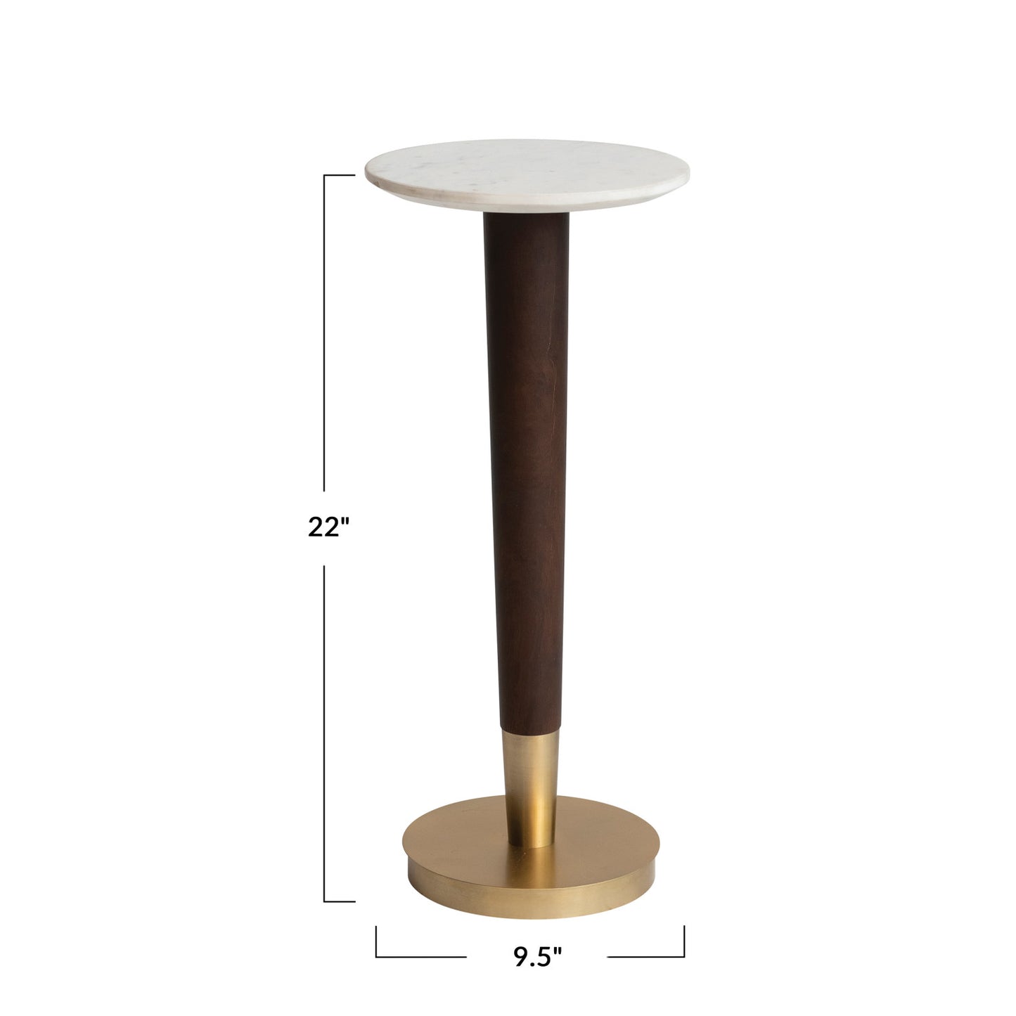 Table Martini Acacia Wood & Metal With White Marble Top Walnut & Brass Finish 9.5" Round x 22"H