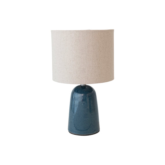 Lamp Tabletop Reactive Glaze Ceramic With Linen Shade Blue
