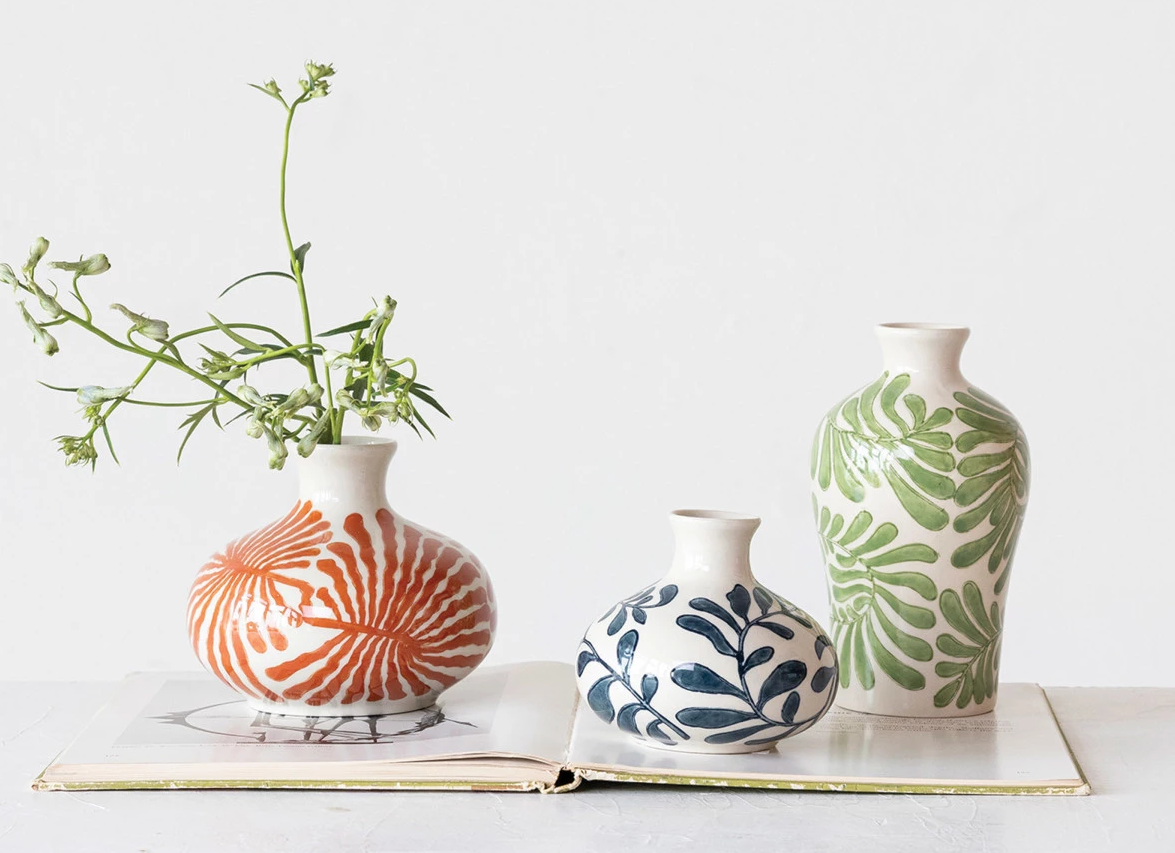 Vase Stoneware Abstract Design Orange Medium 4"H