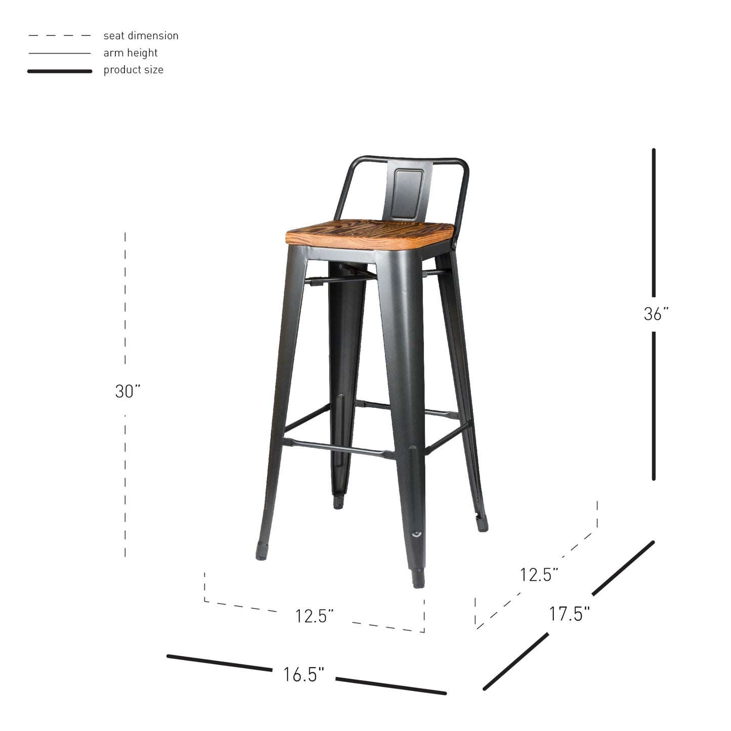 Metropolis Wood Seat Low Back Bar Stool 30in Gunmetal