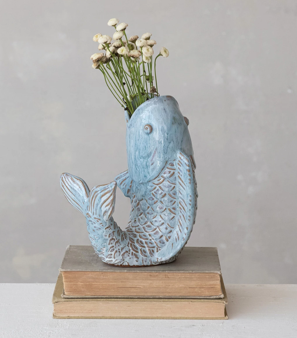 Vase Stoneware Fish Blue 8.25"h