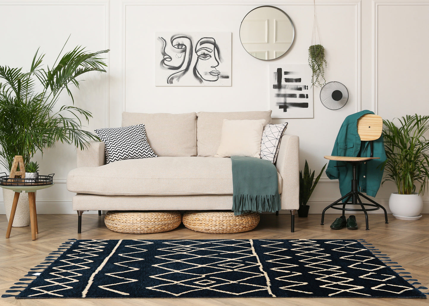 Marrakech Zag Ivory and Blue Rug 5ft x 7ft