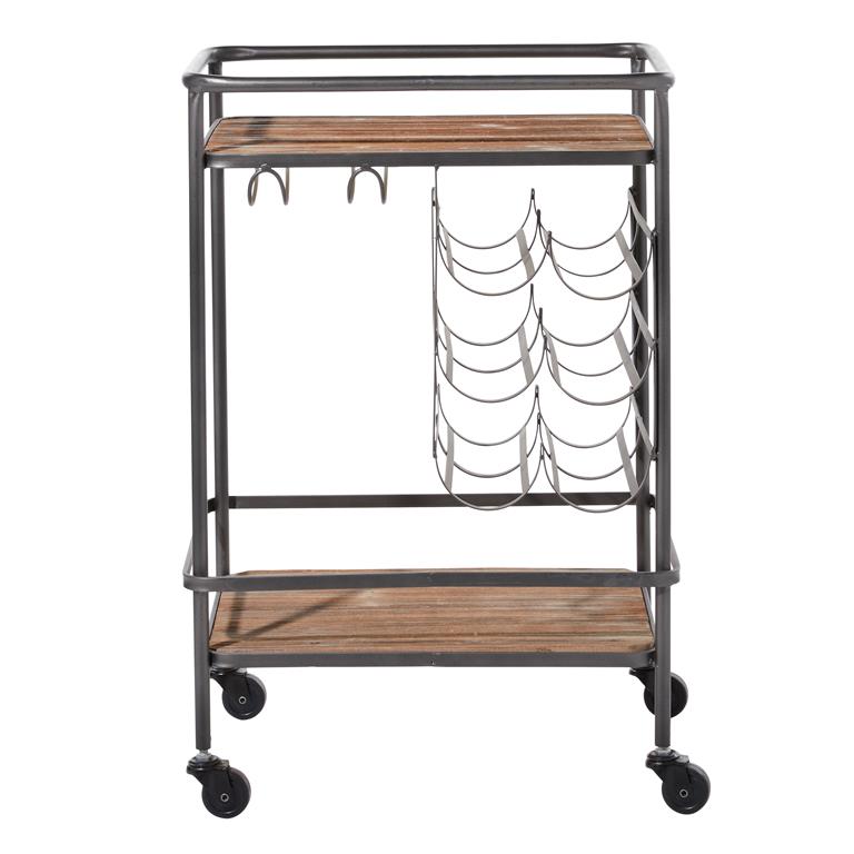 Brown Wood Rolling 2 Shelf Bar Cart