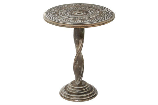Table Wood Carved Floral Medallion Twisted Pedestal Base