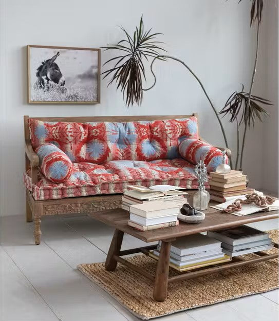 Sofa Wood Embroidered Cushions with 2 Bolster Pillows Red & Blue 59"w