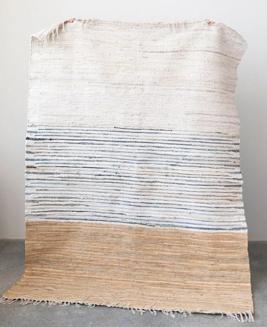 Rug Woven Cotton & Chindi With Fringe Block Stripe White, Navy, Tan 5' x 7'