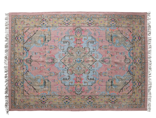 Rug Dhurrie Woven Distressed Printed Cotton With Fringe Pinks & Blues 5' x 8'