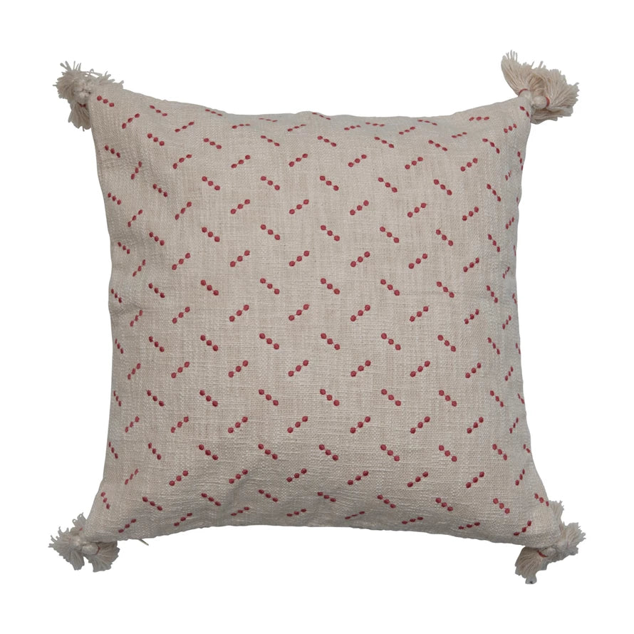 Pillow Embroidered Dots & Tassels Cotton Slub Cream & Red 20" Square
