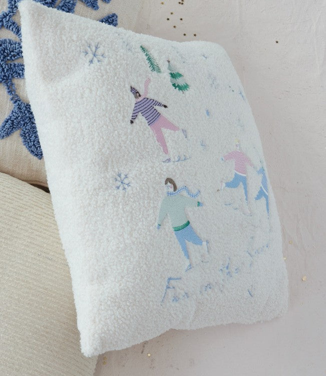 Pillow Holiday Faux Sherpa Embroidered Ice Skaters 18" Square