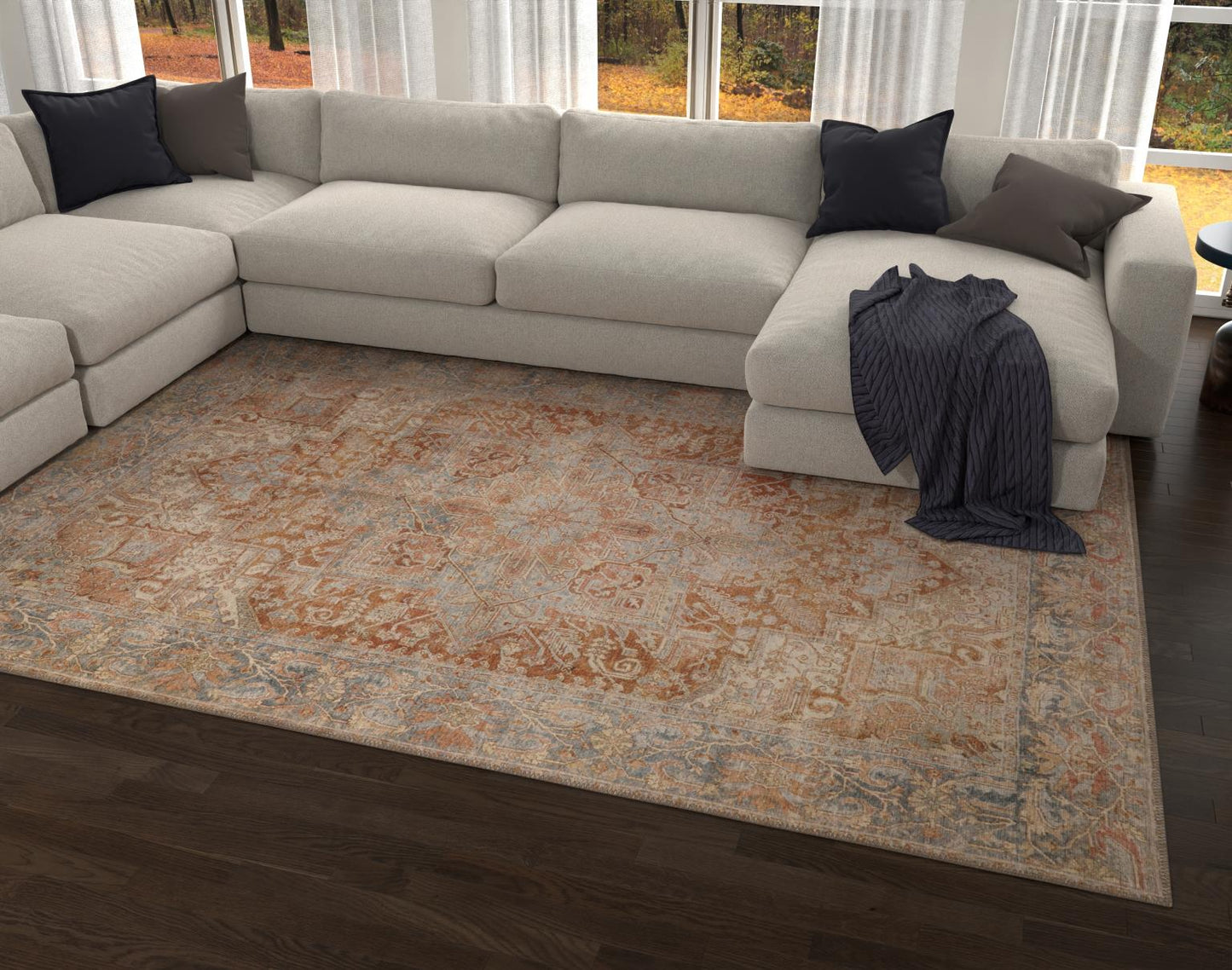 London Serena Rust & Blue Washable Rug 2' x 3'