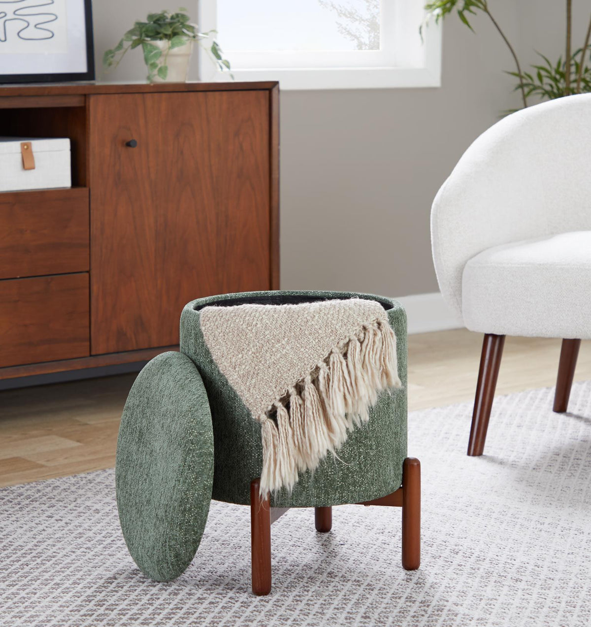 Storage Ottoman Tray Set Plush Contemporary Cream Faux Fur and Natural Wood