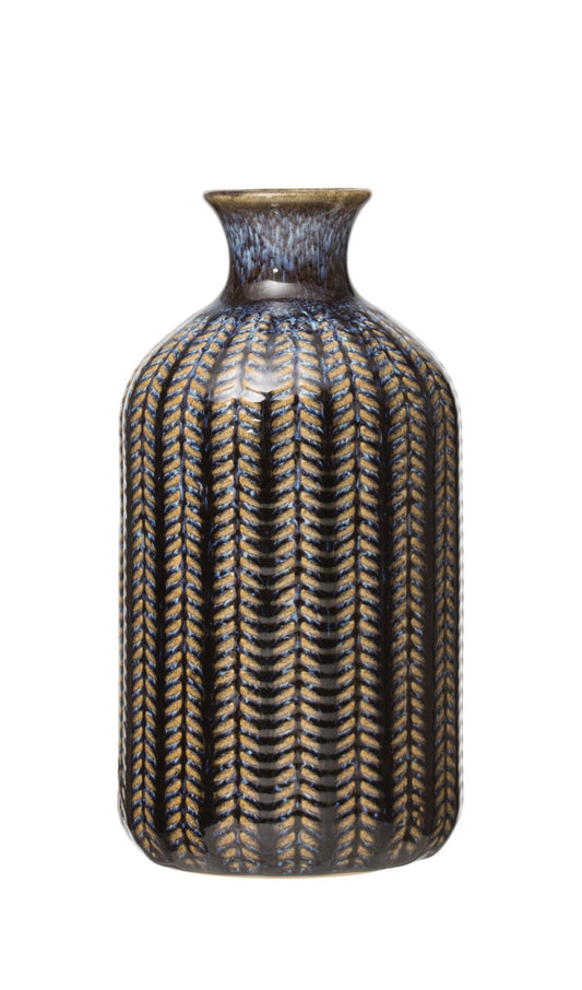 Vase Embossed Stoneware Reactive Glaze Blue Large 7" High