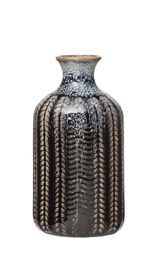 Vase Embossed Stoneware Reactive Glaze Blue Medium 5.5" High