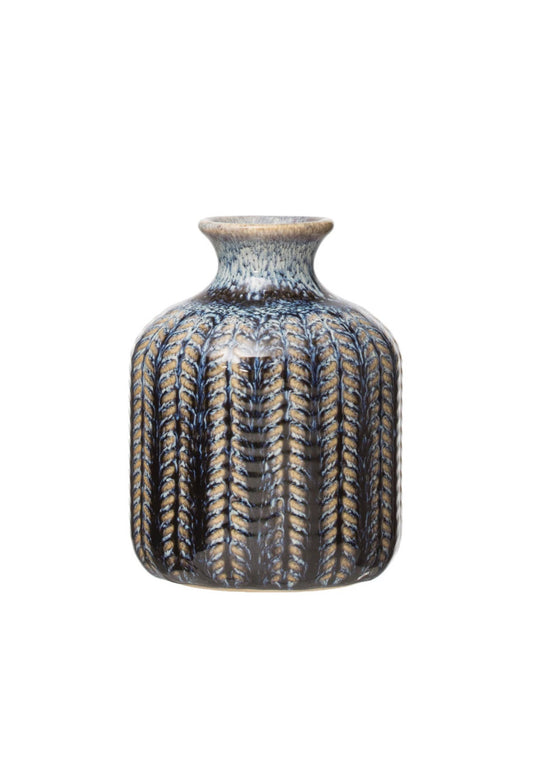 Vase Embossed Stoneware Reactive Glaze Blue Small