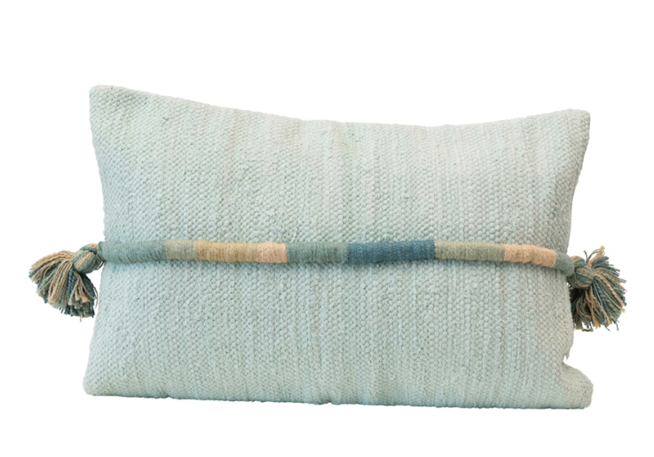 Pillow Lumbar Wrapped Appliqued Cord and Tassels Cotton Blue 24"L x 16"H